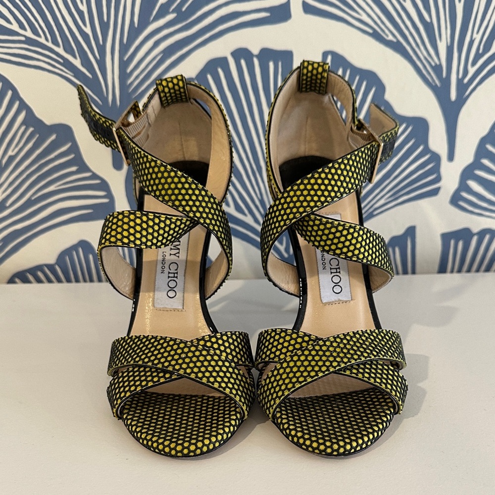 Jimmy Choo Acid Yellow/Black Suede Honey Comb Strappy Sandals Size 35. Worn once